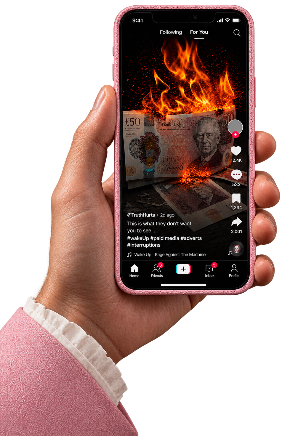 A hand holding a smartphone displaying a social video of burning money