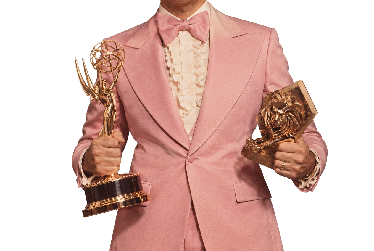 A man in a pink tuxedo holding Emmy and Cannes Lion awards